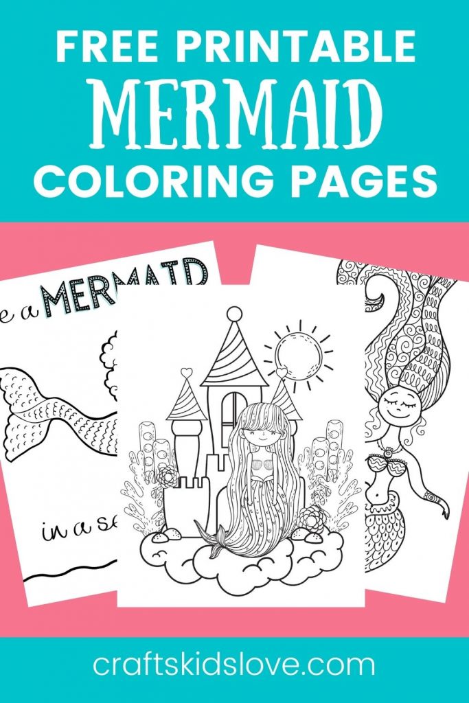 Pin showing mermaid coloring page options on pink background