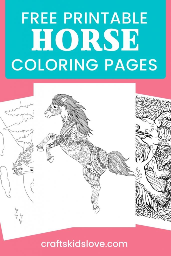 Horse coloring pages on pink background