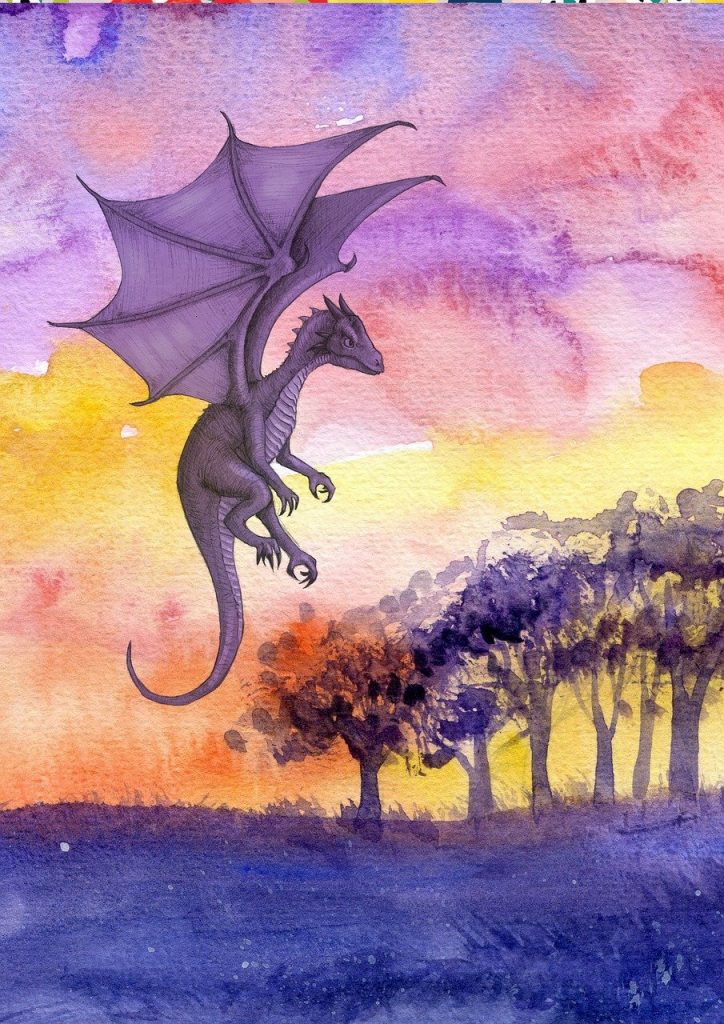 art showing purple dragon flying in sky