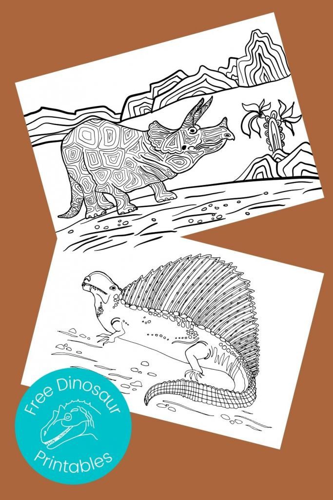 Black and white pictures of dinosaurs to color on brown background