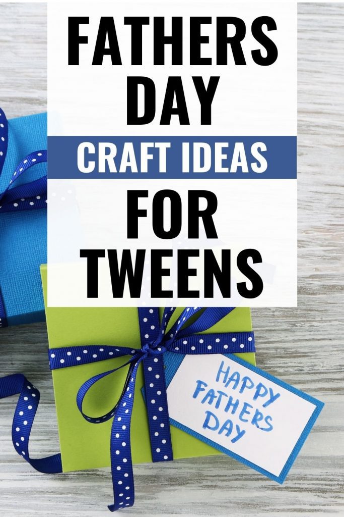 green and blue gift boxes with blue ribbon and card saying Happy Fathers Day - Fathers Day craft ideas for tweens