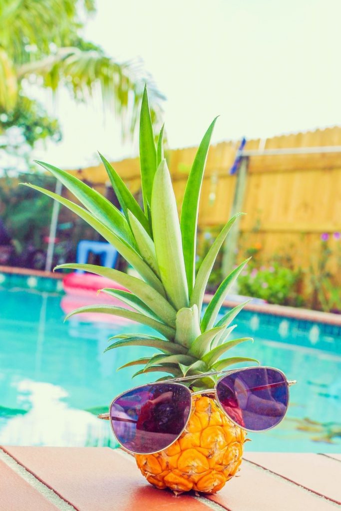 Pineapple with sun glasses in front of backyard pool