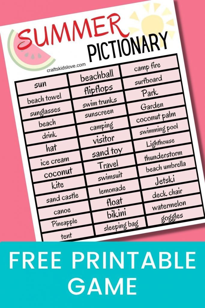 list of summer words on Summer Pictionary Game printable