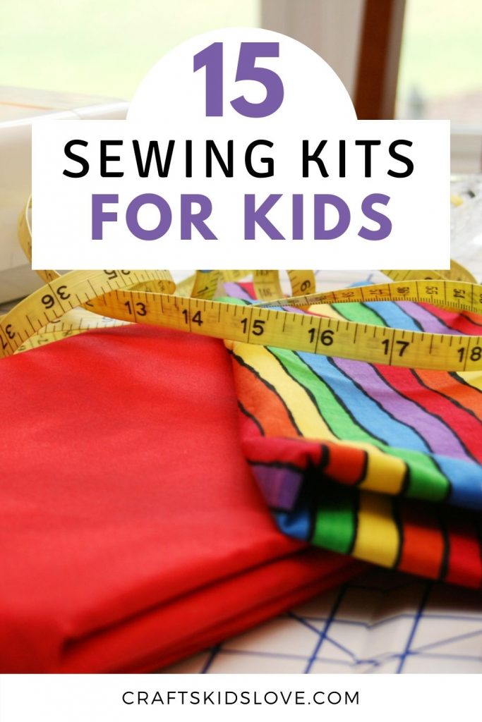 red fabric and rainbow striped fabric with yellow measuring tape and white sewing machine