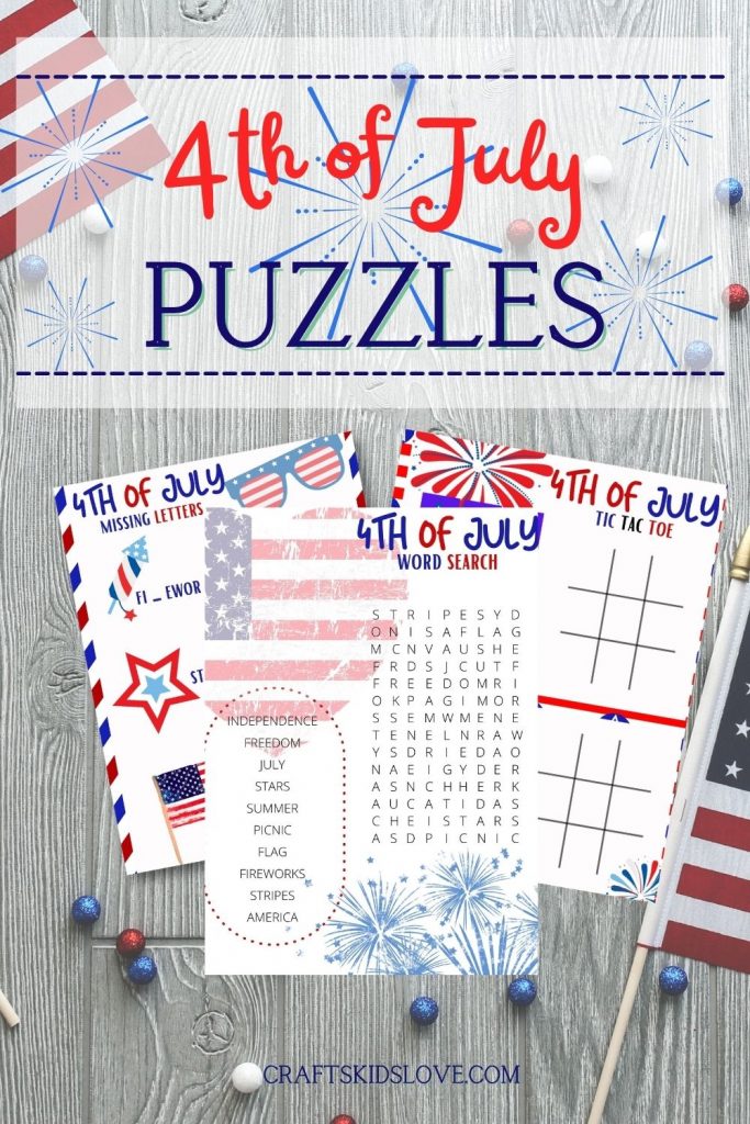 printable 4th of july puzzles in red white and blue on wooden table