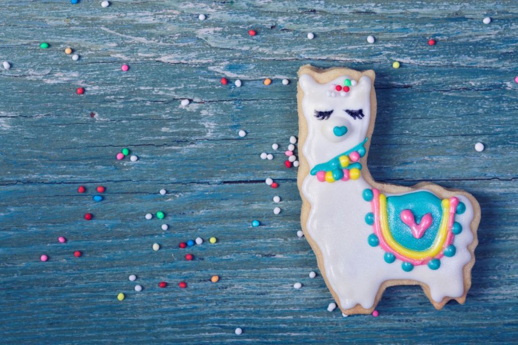 llama cookie with sprinkles on wooden table - llama craft kits for tweens