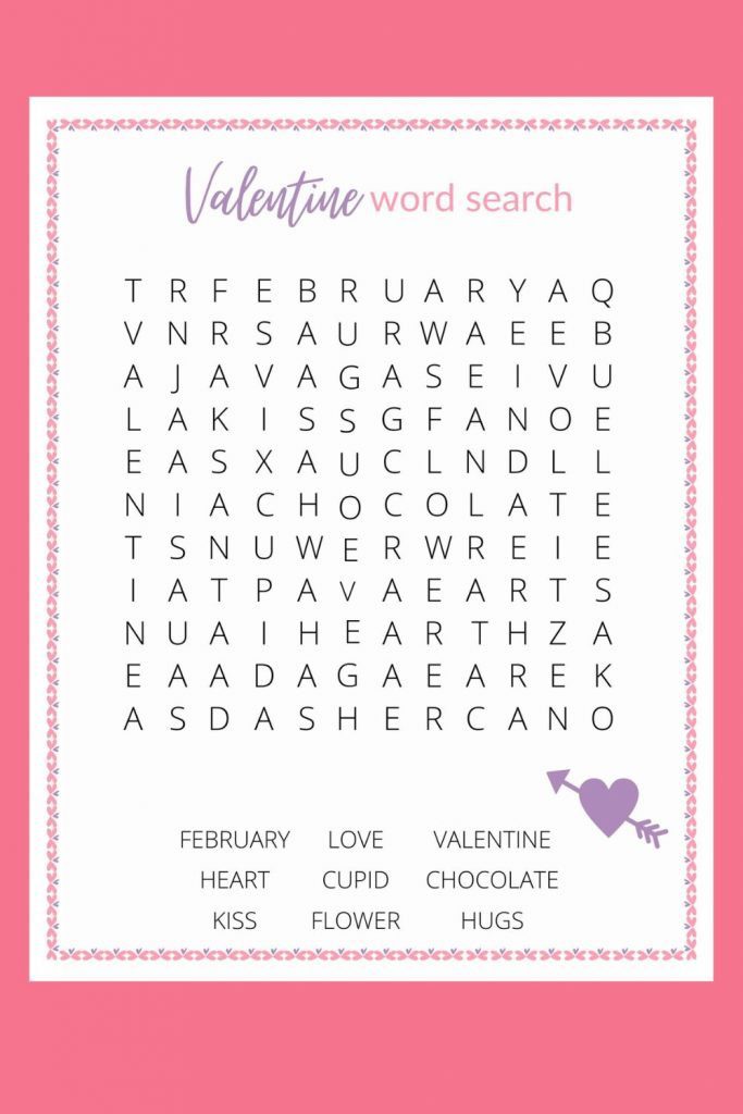 pink and purple word search for Valentine's Day